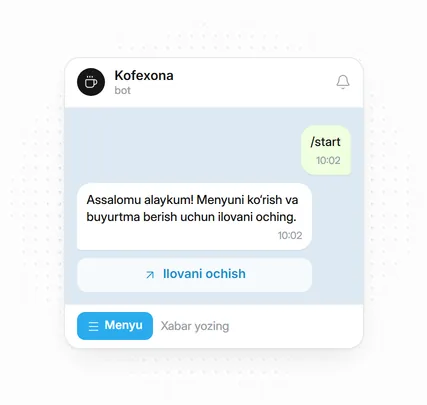 Telegram chati: bot xabari va Ilovani ochish tugmasi